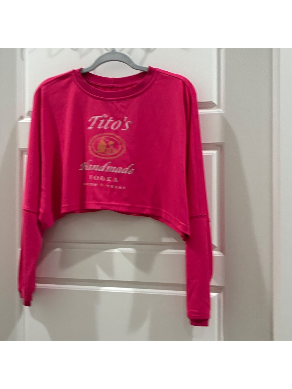 Tito’s Handmade Vodka Pink Cropped Sweatshirt Long Sleeve Graphic Pullover